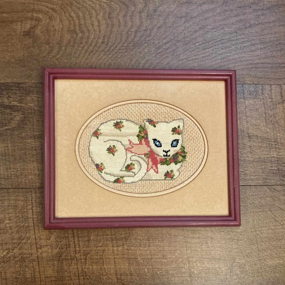 Vintage Framed Cat Wall Art Needlepoint in Burgundy Mauve Frame